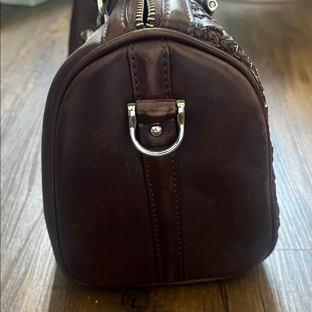 Brighton Dark Brown Woven Leather Satchel with Medallion Accent - Picture 3 of 4